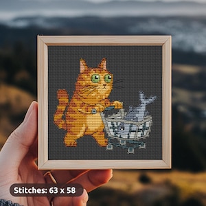 Cat in the supermarket Cross Stitch Pattern, mini embroidery, counted xstitch chart, Funny meme, Tiny art, home decor, Instant Download PDF