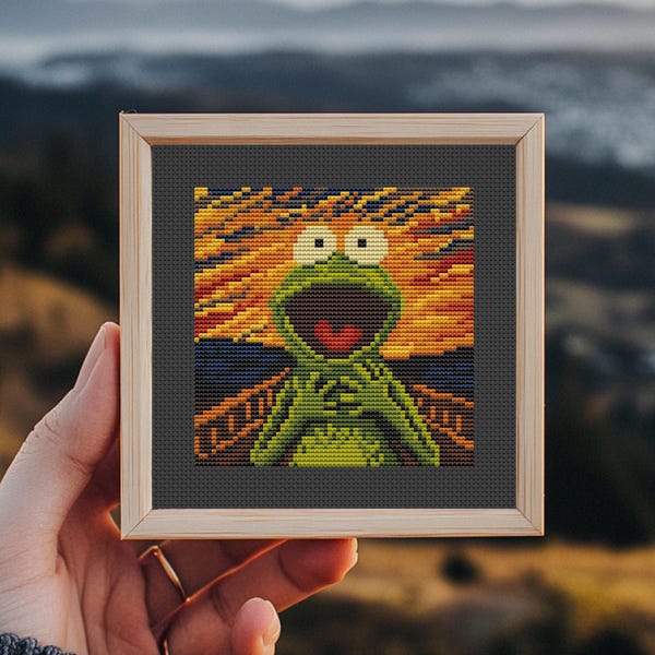 The Scream Frog Cross Stitch Pattern, easy mini hand embroidery, painting, modern counted xstitch chart, PDF, Funny Famous masterpiece