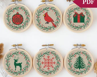 Christmas Cross Stitch Pattern, Embroidery, small Christmas ornaments, pack of counted cross stitch patterns PDF file, Handmade tree decor