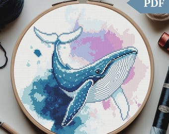 Whale Cross Stitch Pattern, Hand Embroidery, Humpback Whale xstitch PDF file, Ocean Animals counted xstitch chart, sea Lover gift