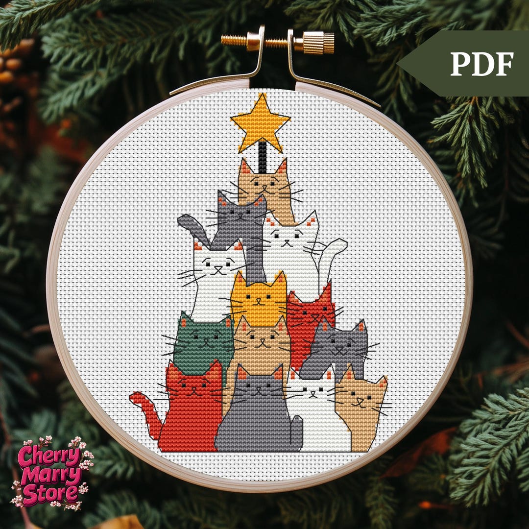 猫の木のクリスマス クロスステッチ パターン、刺繍、ファニー