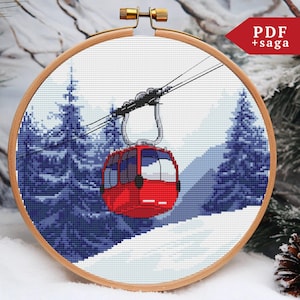 Rote Gondelbahn Kreuzstichmuster, Weihnachten Ski Reise Handstickerei, PDF Datei, Natur, Schweiz Berglandschaft modern xstitch