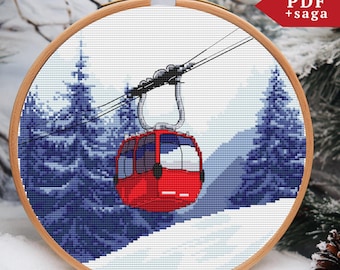 Red Gondola Lift Cross Stitch Pattern, Christmas Ski Travel Hand Embroidery, PDF file, nature, Switzerland Mountain Landscape modern xstitch