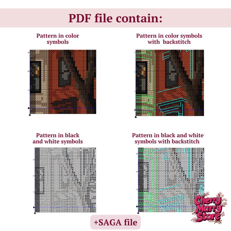 May include: Four different versions of a cross-stitch pattern for a building with windows and a tree. The patterns are shown in colour symbols, colour symbols with backstitch, black and white symbols, and black and white symbols with backstitch. The text "Cherry Marry Store" and "+SAGA file" are also visible.