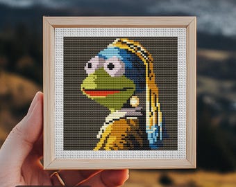 Frog With A Pearl Earring Cross Stitch Pattern, easy mini embroidery, painting, modern counted xstitch chart, PDF, Funny Famous masterpiece
