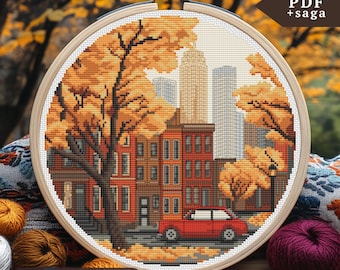 Autumn New York Cross Stitch Pattern, Embroidery, xstitch PDF, SAGA, fall Cross Stitch Chart, Autumn street, point de croix, punto de cruz