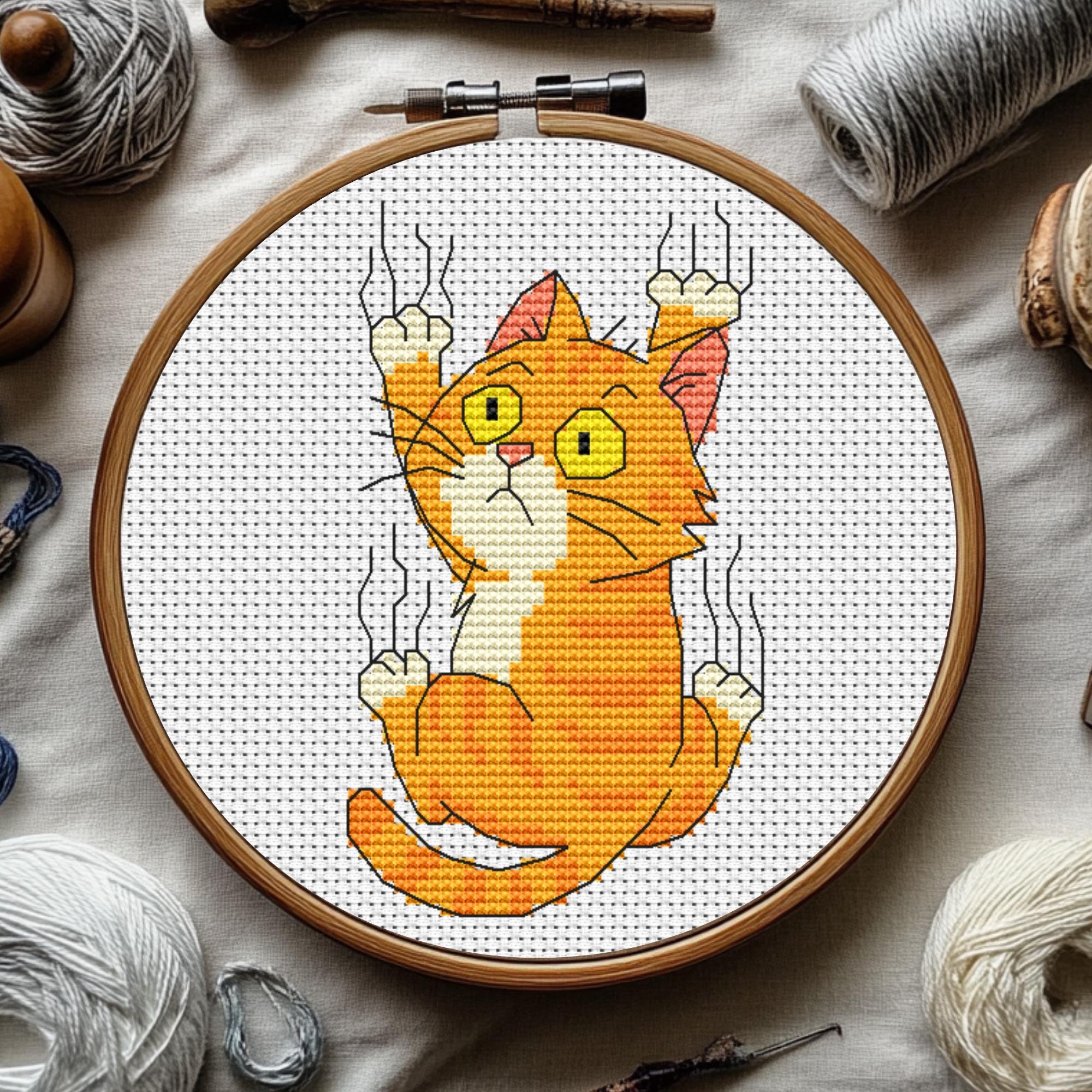 Clingy Cat Cross Stitch Pattern, Mini Embroidery, Counted Xstitch