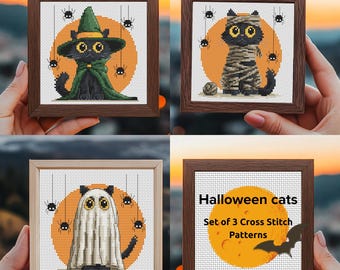 May include: Four framed cross-stitch patterns featuring Halloween cats. One cat is dressed as a witch, another as a mummy, and a third as a ghost. The fourth frame has the text "Halloween cats" and "Set of 3 Cross Stitch Patterns".
