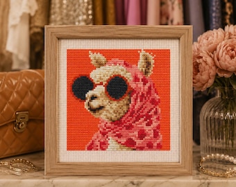Funny Alpaca Cross Stitch Pattern, Chic Llama with Sunglasses Embroidery, PDF, Farmhouse Decor, SAGA, Tiny xstitch