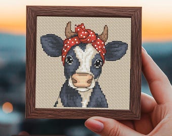 Kuh Kreuzstich Anleitung, kleiner Bauernhof Kreuzstichmuster, moderne Kreuzstichvorlage, PDF Sofortdownload, Tiny xstitch, Bauernhaus Dekor, Moo