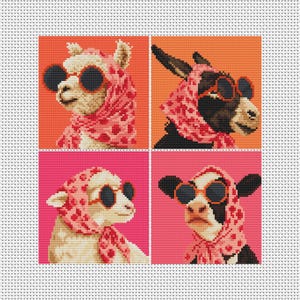 May include: A cross-stitch pattern featuring four squares, each depicting an animal wearing a pink patterned headscarf and round sunglasses. The animals include a llama, a donkey, a sheep, and a cow, set against vibrant orange and pink backgrounds.