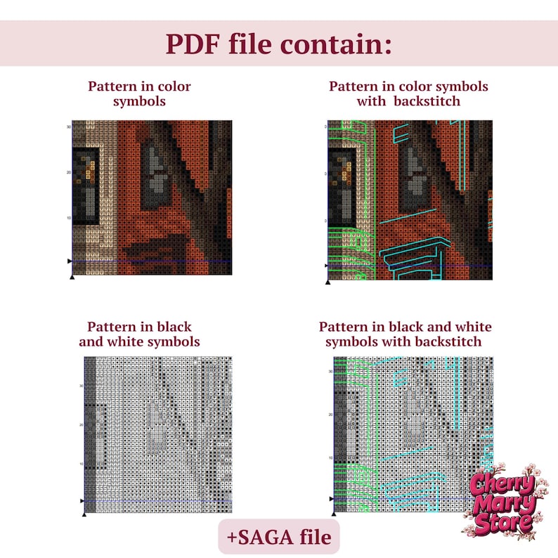 May include: Four different versions of a cross-stitch pattern for a building with windows and a tree. The patterns are shown in color symbols, color symbols with backstitch, black and white symbols, and black and white symbols with backstitch. The text "PDF file contain:" and "+SAGA file" are also visible.