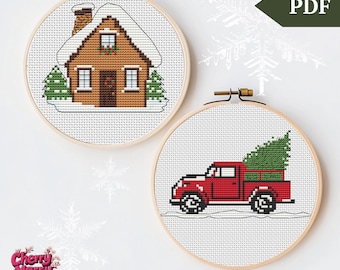 Weihnachtsschmuck Kreuzstichmuster, Handstickerei, PDF-Datei, digitaler Download, Weihnachtsgeschenk, LKW, Haus, Baumdekor