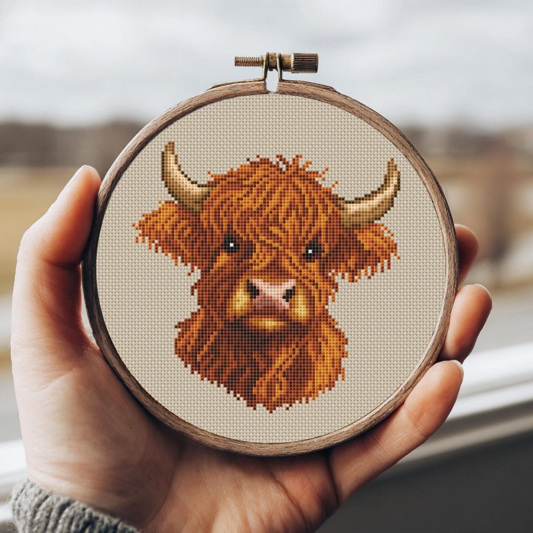 Highland Cow Cross Stitch Pattern PDF, Fluffy Scottish Cow Portrait ...