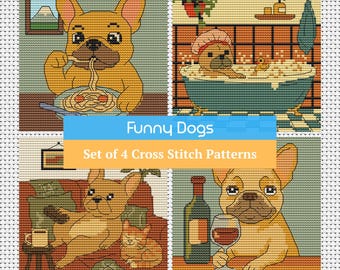 Dog Cross Stitch Pattern, Dog embroidery, Set of 4 modern counted xstitch chart, Funny meme, Pug, Tiny art, home decor, Instant Download PDF
