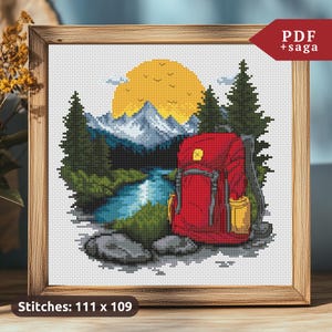 Kreuzstich Stickmuster, Berglandschaft Stickbild, PDF, Kreuzstich zählmuster, bestickter Rucksack, Wandergeschenk, Wanderrucksack modern xstitch