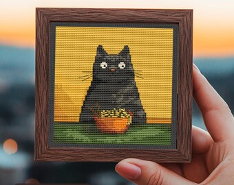Cat With Noodles Cross Stitch Pattern, easy mini embroidery, modern counted xstitch chart, Funny cat, Kitten, Tiny art, Instant Download PDF