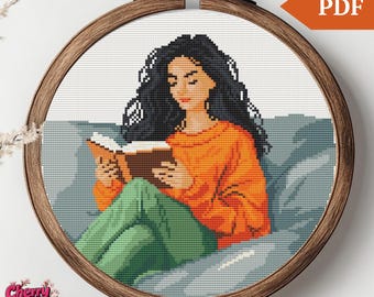 Reading Girl Cross Stitch Pattern, Hand Embroidery, xstitch PDF file, fall, Cross Stitch Chart, Book Lover gift