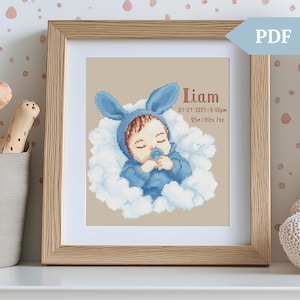 Padrão de ponto cruz para bebê recém-nascido, padrão de bordado à mão, PDF, decoração de berçário personalizada, anúncio de nascimento, nome e data de nascimento