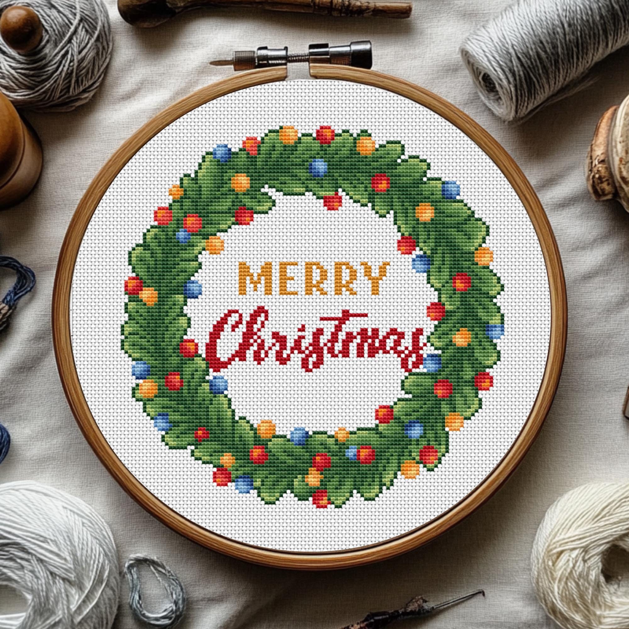 メリークリスマスクロスステッチパターン、リースクロスステッチ刺繍