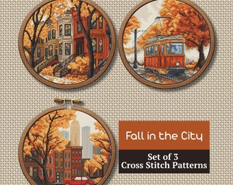 Autumn Set of 3 Cross Stitch Pattern, Autumn City Hand Embroidery, Fall street xstitch chart, Autumn town, Tram, Instant Download PDF