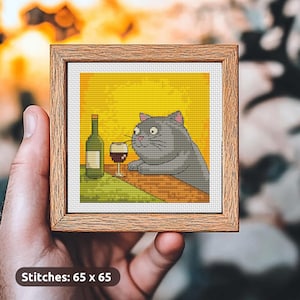 Cat In The Bar Cross Stitch Pattern, mini embroidery, modern counted xstitch chart, Funny meme, Kitten, wine, Tiny art, Instant Download PDF