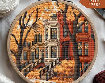 Autumn Street Cross Stitch Pattern, Hand Embroidery, xstitch PDF, SAGA, fall Cross Stitch Chart, Autumn town, point de croix, punto de cruz