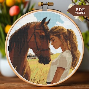 Mädchen mit Pferd Kreuzstich Stickmuster, Stickdatei, Bauernhof Landschaft, PDF, SAGA, Natur Kreuzstich, Ranch modern xstitch, Cowgirl