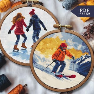 Set of Two Winter Cross Stitch Pattern, Christmas Modern Embroidery, PDF, SAGA, Skier, Skiing xstitch Winter Mountain Landscape, Ice skating