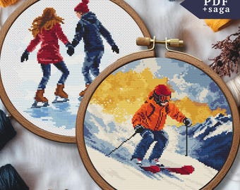 Set of Two Winter Cross Stitch Pattern, Christmas Modern Embroidery, PDF, SAGA, Skier, Skiing xstitch Winter Mountain Landscape, Ice skating