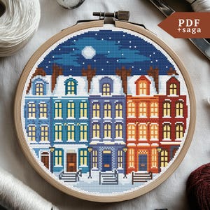 Christmas Street Cross Stitch Pattern, town, snowy, winter, Embroidery, PDF file, saga, Handmade Christmas Gift, House, Simple Counted Set