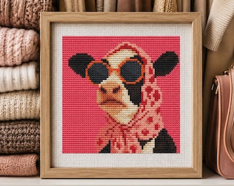 Funny Cow Cross Stitch Pattern, Cool Sunglasses Calf Embroidery, PDF, Chic Farmhouse Decor, SAGA, Tiny xstitch