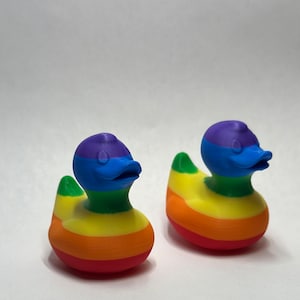 May include: Two rainbow-colored rubber duck toys. The ducks are painted in the colors of the rainbow, with a blue beak and purple head.