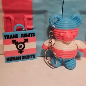 Puede incluir: Un llavero de oso transgénero azul, rosa y blanco con un llavero plateado. El oso lleva una camisa a rayas azul, rosa y blanca. El llavero también incluye un pequeño cartel azul, rosa y blanco que dice "Trans Rights Human Rights".