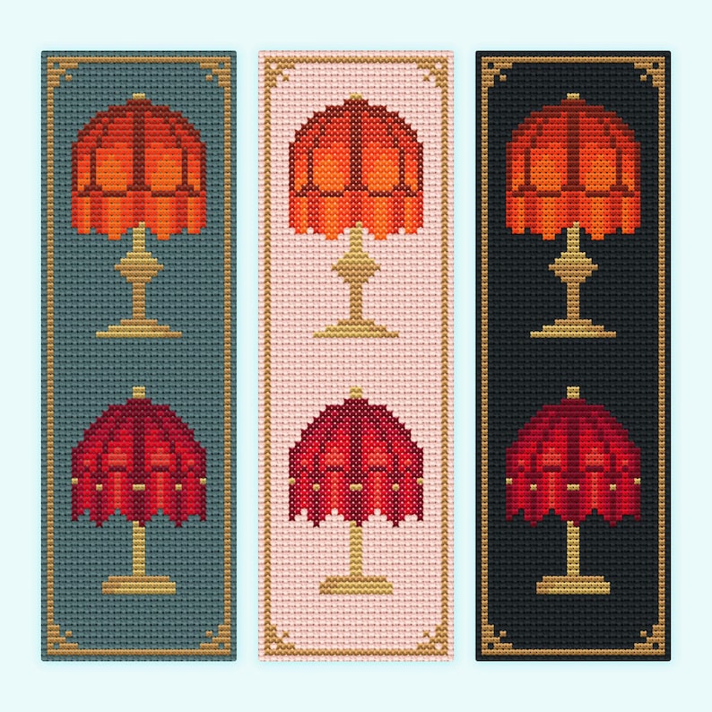 Fancy Lamps cross stitch bookmark pattern features two unique antique inspired lamps in appealing shades of orange and red with patinaed brass accents. Examples shown on three different fabric colors: Light Pink, Dark Teal, and Black.