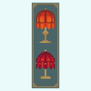 Single teal example of Fancy Lamps cross stitch bookmark pattern.