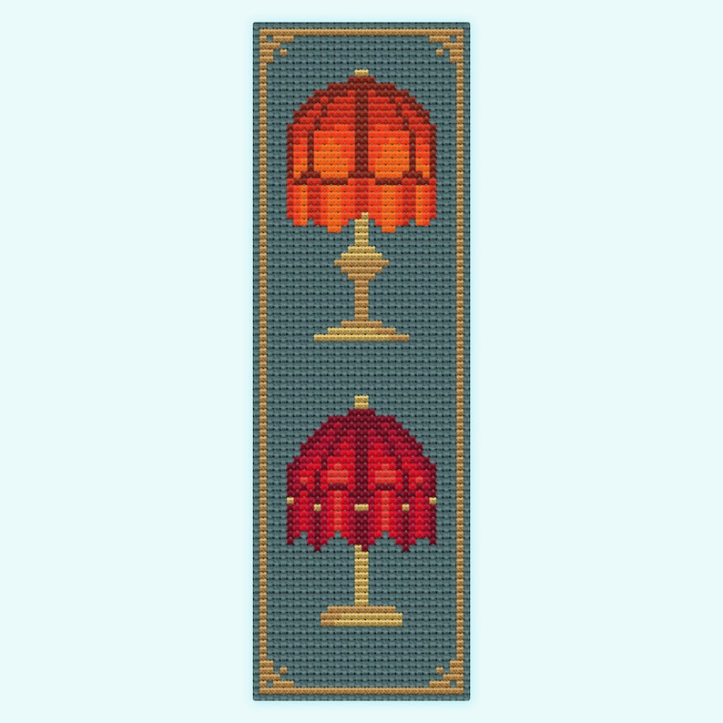 Single teal example of Fancy Lamps cross stitch bookmark pattern.