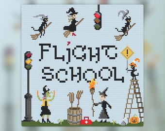 Flight School - Halloween, Witches, Black Cats Cross Stitch Pattern (PDF)