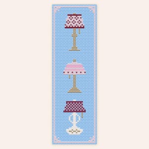 Single light blue example of Fancy Lamps cross stitch bookmark pattern.