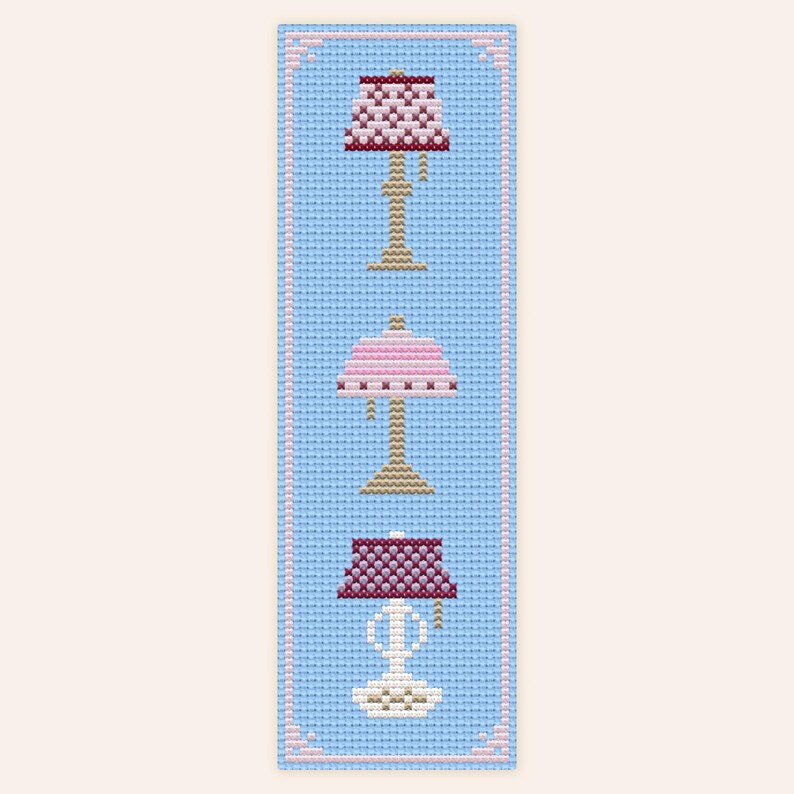 Single light blue example of Fancy Lamps cross stitch bookmark pattern.
