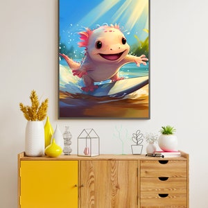 wall art axolotl, mignon axolotl fait du surf, art axolotl, art mural imprimable, poster animal, décoration d'intérieur, affiche imprimable