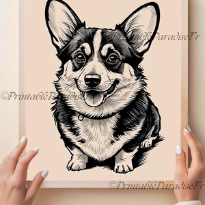 Corgi Noir et Blanc - Téléchargement Digital, Art Imprimable Chien Minimaliste, Déco Moderne A4 pour cadre, carte, poster, papier photo