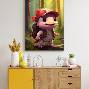 wall art axolotl, mignon axolotl explorateur, art axolotl, art mural imprimable, poster animal, décoration d'intérieur, affiche imprimable