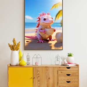 wall art axolotl, mignon axolotl sur plage café , art axolotl, art mural imprimable, poster animal décoration d'intérieur affiche imprimable