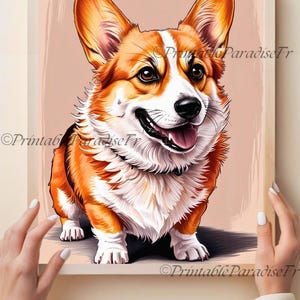Corgi Souriant - Téléchargement Digital, Art Imprimable Chien, Décoration Murale, Cadeau Amoureux des Corgis, cadre, carte, poster, papier