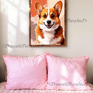 Illustration Peinture Souriant, Téléchargement Digital, Joyeux Chien, Cadeau Fan de Corgi, Amoureux de Corgis, photo cadre, carte, poster.