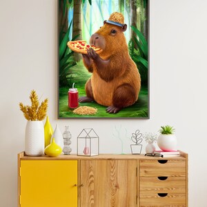 capybara, mignon capybara mange de la pizza, art capybara, art mural imprimable, poster animal, décoration d'intérieur, affiche, créature