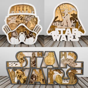 Pacote de arte de parede em camadas de madeira, placa de madeira 3D Stormtrooper e Darth Vader cortada a laser, presente de ficção científica para fãs de Star Wars, decoração para casa, presente de escritório