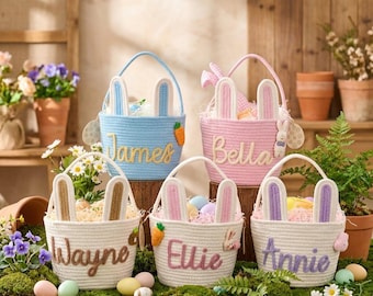 Panier de Pâques personnalisé avec oreilles de lapin | Oreilles amovibles pour une utilisation toute l'année | Sac chasse aux œufs avec prénom brodé | Panier de rangement réutilisable pour enfants