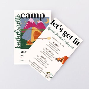 Camp Junggesellinnenabschied Reiseplan | Bearbeitbare Canva Vorlage | Camp Theme Reiseplan und Einladung | Lager Einladung | Camp Reiseverlauf